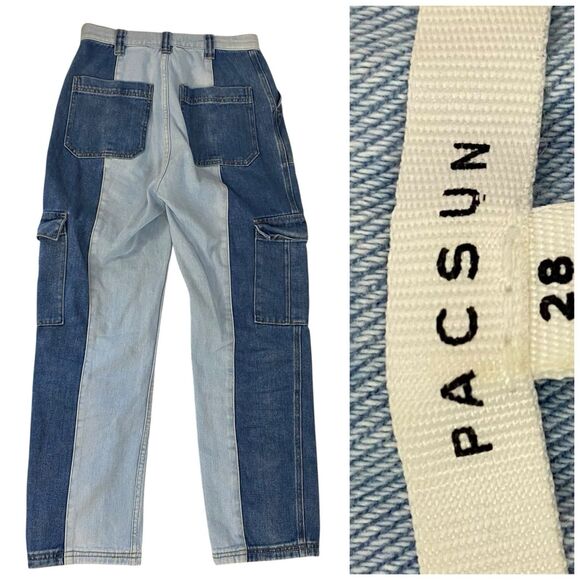 Pacsun Cargo Jeans Womens 28 Blue Denim High Rise Patchwork Retro 70s Festival - Picture 1 of 12